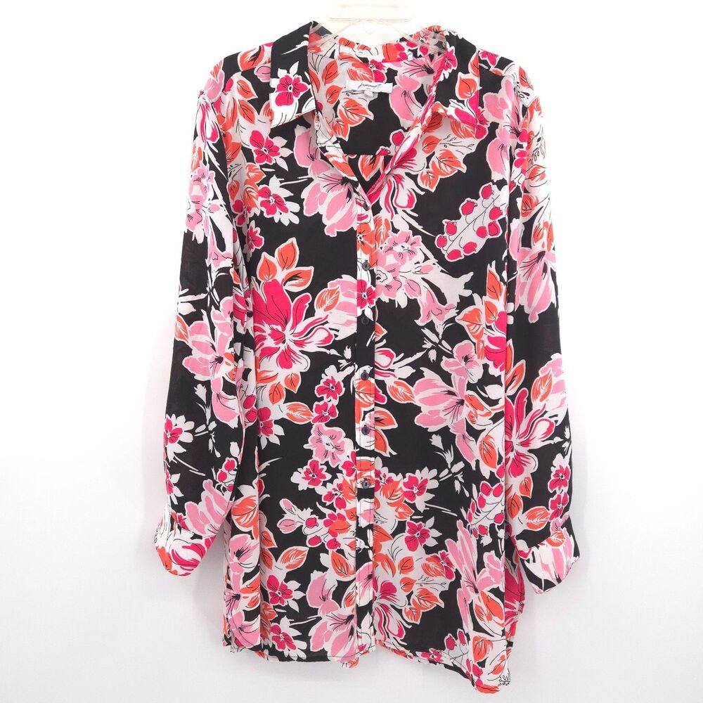 Foxcroft womens‎ floral button down tunic top Size 18W long sleeve pink orange